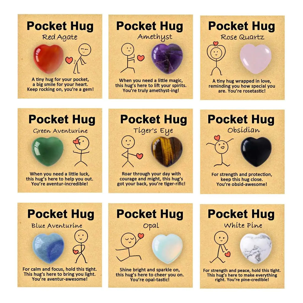 Krinisou Pocket Hug Heart Token 9Pcs Crystals and Healing Stones with Cards Small Mini Cheer Up Inspirational Gifts Bulk Christmas Valentine Day Xmas Gifts for Coworkers Team Employee Staff